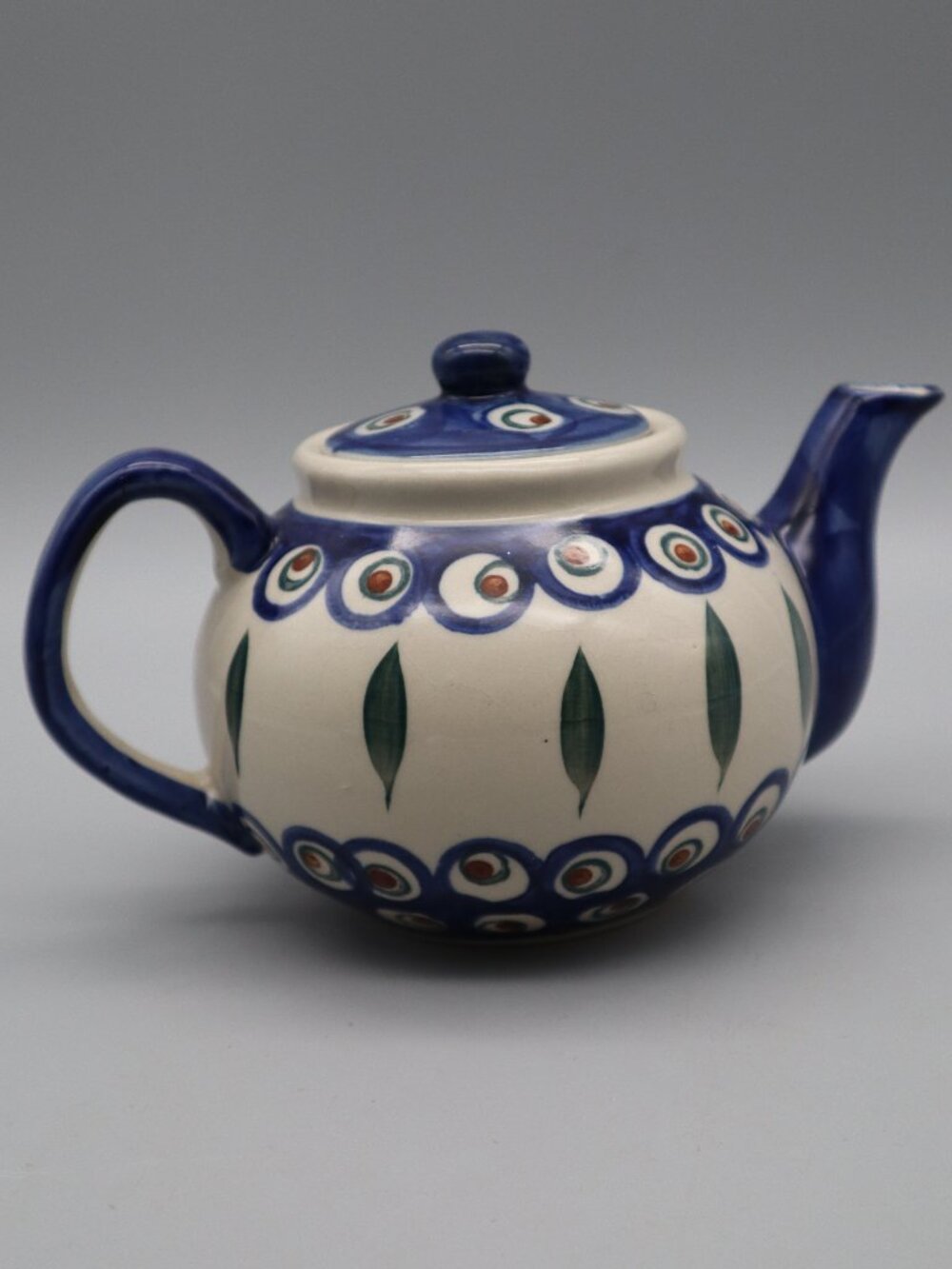 Vtg Bolslawiec Polish Pottery Small Teapot Peacock Eyes Leaf Pattern Blue Green
